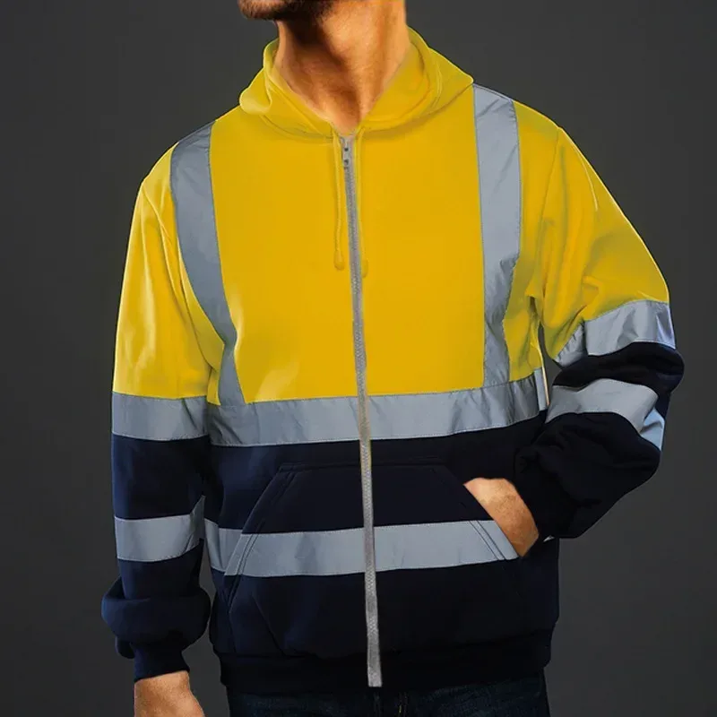 Reflective Work Safety Men Hoodies Drawstring Loose Zipper Jacket Autumn Thin Fleece Hooded Pullover Coat Casual Work Sweatshirt