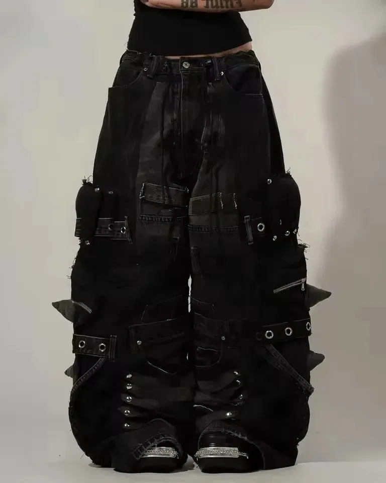 Black Baggy Cargo Jeans Men Women Heavy Multi Pocket Zipper Detail Streetwear Casual Fashion Pants Wide Leg Loose Fit Soft Y2K
