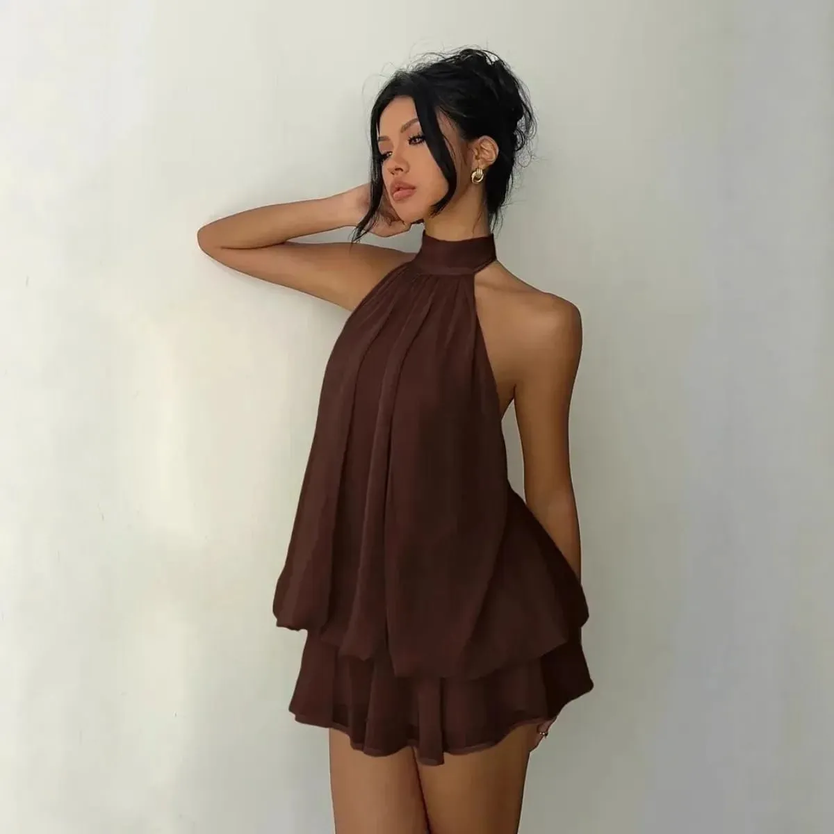 Women's Halter Neck Dress Backless Tie-Front Chiffon Sheer Mini Skirt Fashionable Sexy Y2K Vintage Cute Party Birthday Dress