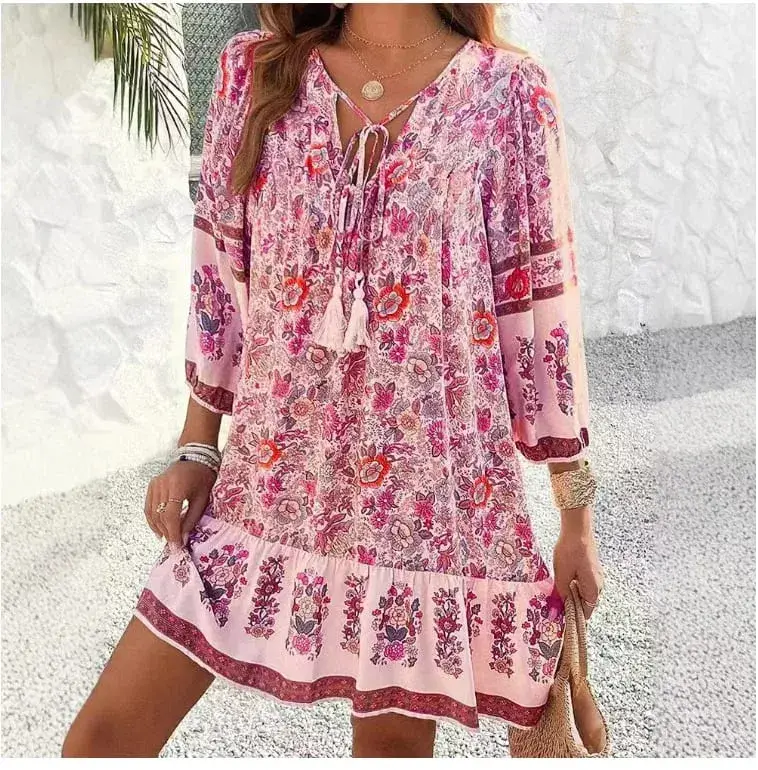Casual Print Loose Dress For Women Fashion Long Sleeve V Neck Lace-up Vintage Pullover Dresses Lady Boho Holiday Womens Clothing — image 3