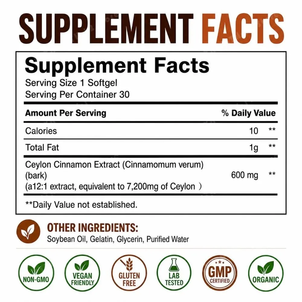 Ceylon Cinnamon 600mg 12-1 Extract Softgels 7200mg Equivalent MCT Oil Highly Bioavailable Daily Dietary Supplement 30 Softgels