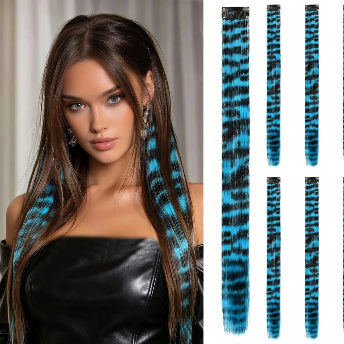 Leopard Printed Clip in Hair Extensions -5 PCS Blue Long Synthetic Straight Clip in Hair Extensions Stripe Printed Hairpiece