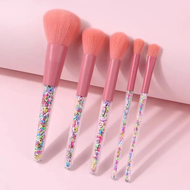 5 Buah Set Kuas Rias Merah Muda Kit Kuas Kosmetik Lembut untuk Riasan Mata Wajah Alat Rias Kecantikan Harian Pemula