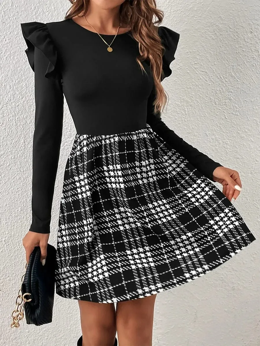 Women Fashion Plaid Patchwork Ruffle Shoulder Long Sleeve High Waist Slim Fit O-Neck Elegant Ladies Mini Dress for Summer&Autumn