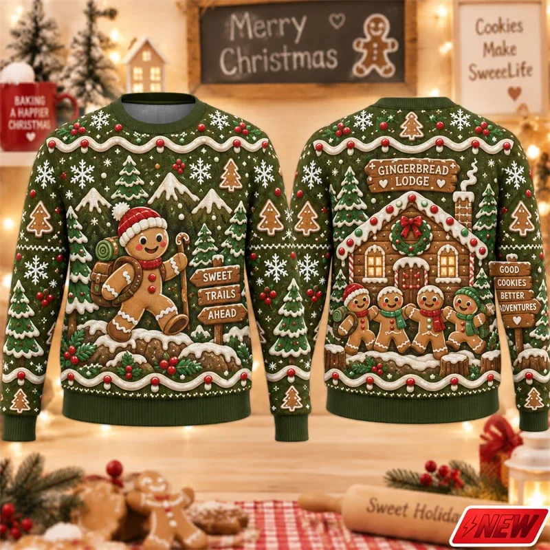 Christmas Ugly Sweater Men Holiday Gift Trendy 3D Print Funny Skateboarding Gingerbread Man House Pattern Pullover Unisex Hoodie