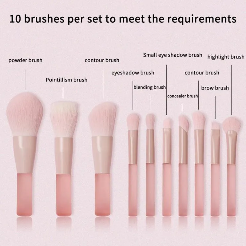 【B】10pcs Pink Handle Travel Makeup Brushes Synthetic Foundation Powder Eyeshadow Mini Makeup Brush Set
