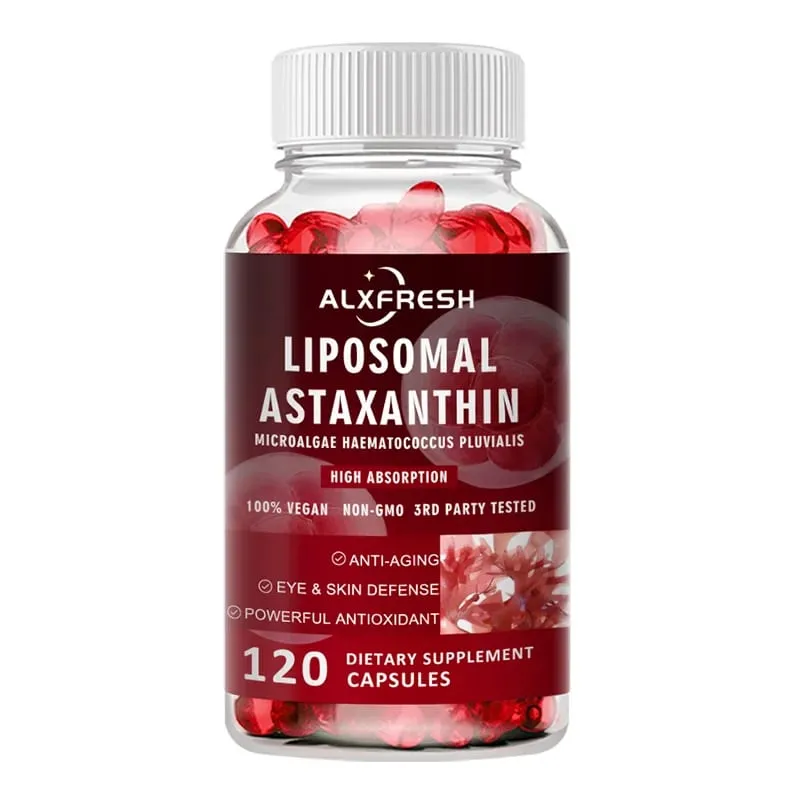 Antioxidante de alta absorção de astaxantina lipossomal 24mg para olhos, pele, cérebro imunológico, suporte cognitivo, suplemento natural não gmo