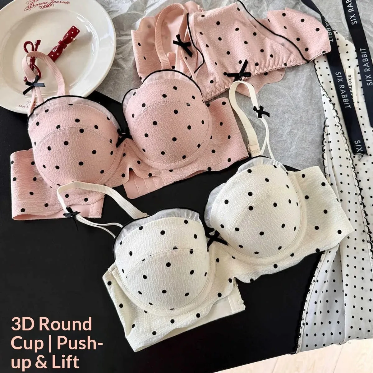 Sutiã de bolinhas de renda conjunto de duas peças pequeno busto coleta anti-flacidez lado mama coleção confortável conjunto de lingerie sem fio — image 4