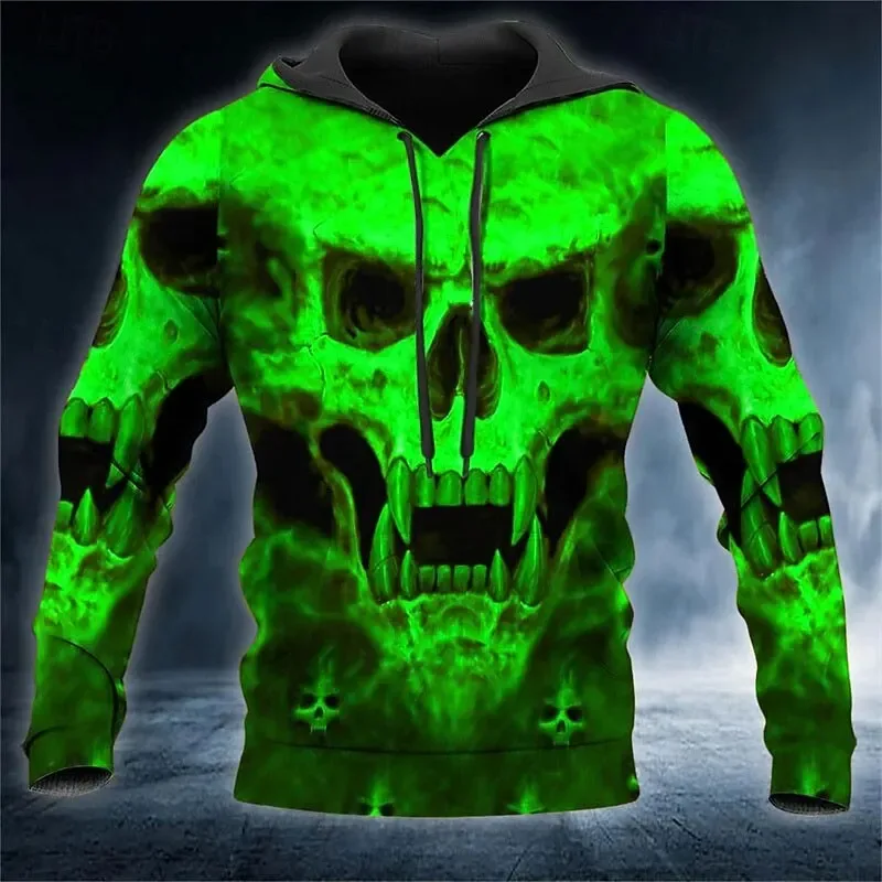 Men's Skull 3D Printed Hoodie, Halloween Horror Graphic Hooded Sweatshirt, Gothic Casual Streetwear Pullover Tops Men Clothing