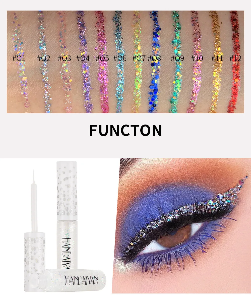 12 Colors Shiny Eye Liners Pigment Silver Rose Gold Color Glitter Liquid Eyeliner Metallic Colorful Makeup For Women