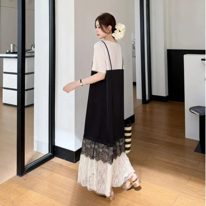New 2026 Summer Women's Dresses Loose Plus Size Patchwork Lace Vestidos Fake Two Piece Female T-Shirt Dress Robe KE6690 — image 6