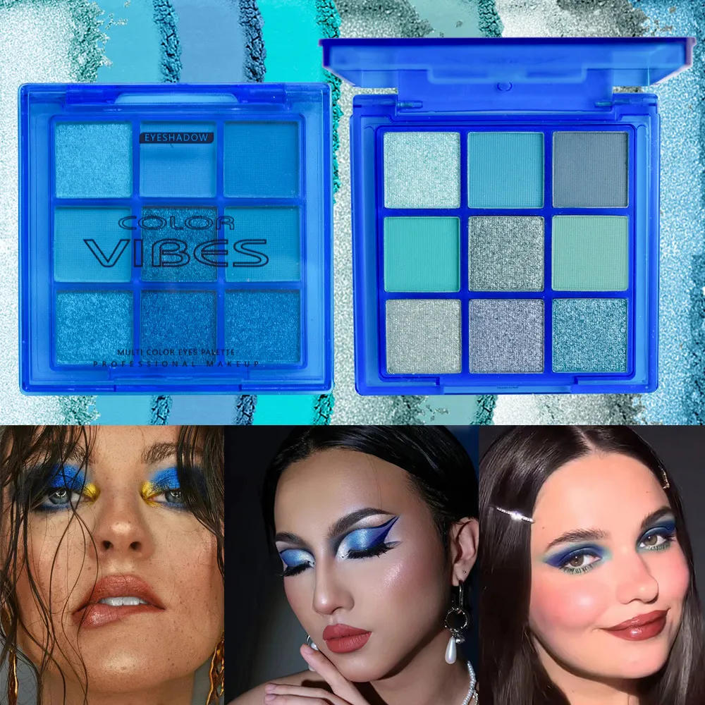 9‑Color Cool Blue Eyeshadow Palette Matte Shimmer Teal Glitter Eye Makeup Palette High Pigment for Party Stage Cosplay