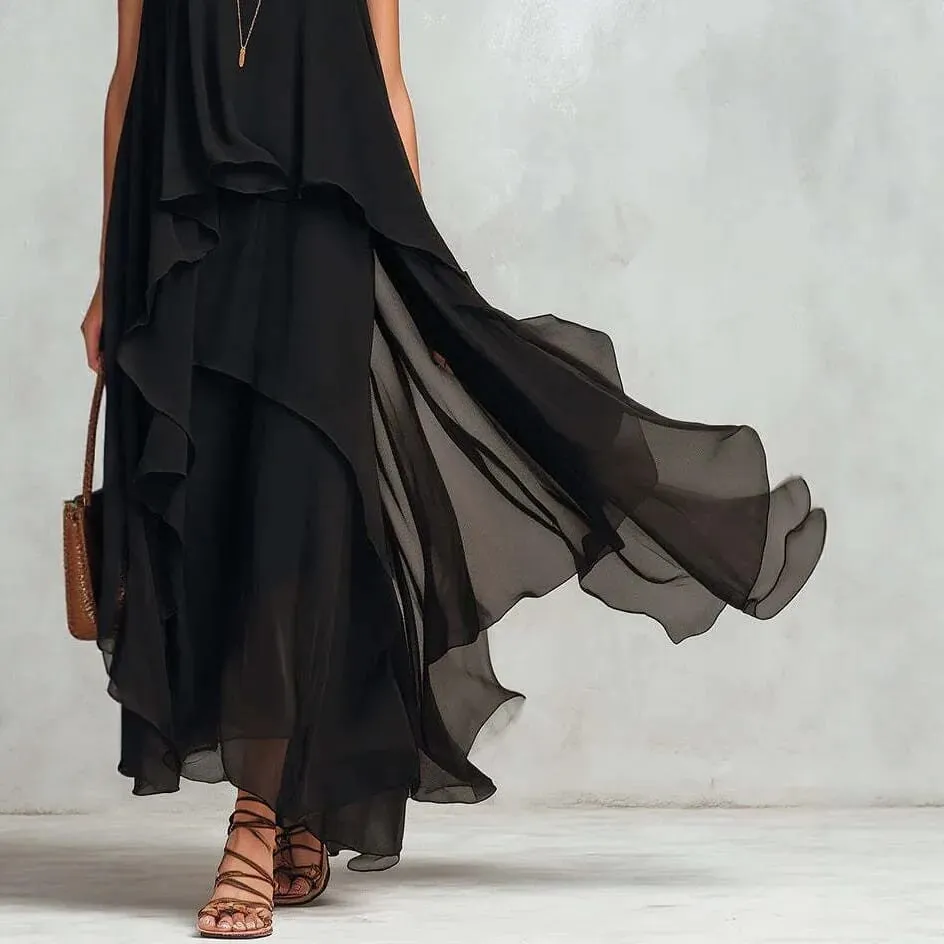 2026 New Black Sleeveless Irregular Chiffon Long Dress With Elegant Temperament For Women Dress — image 4