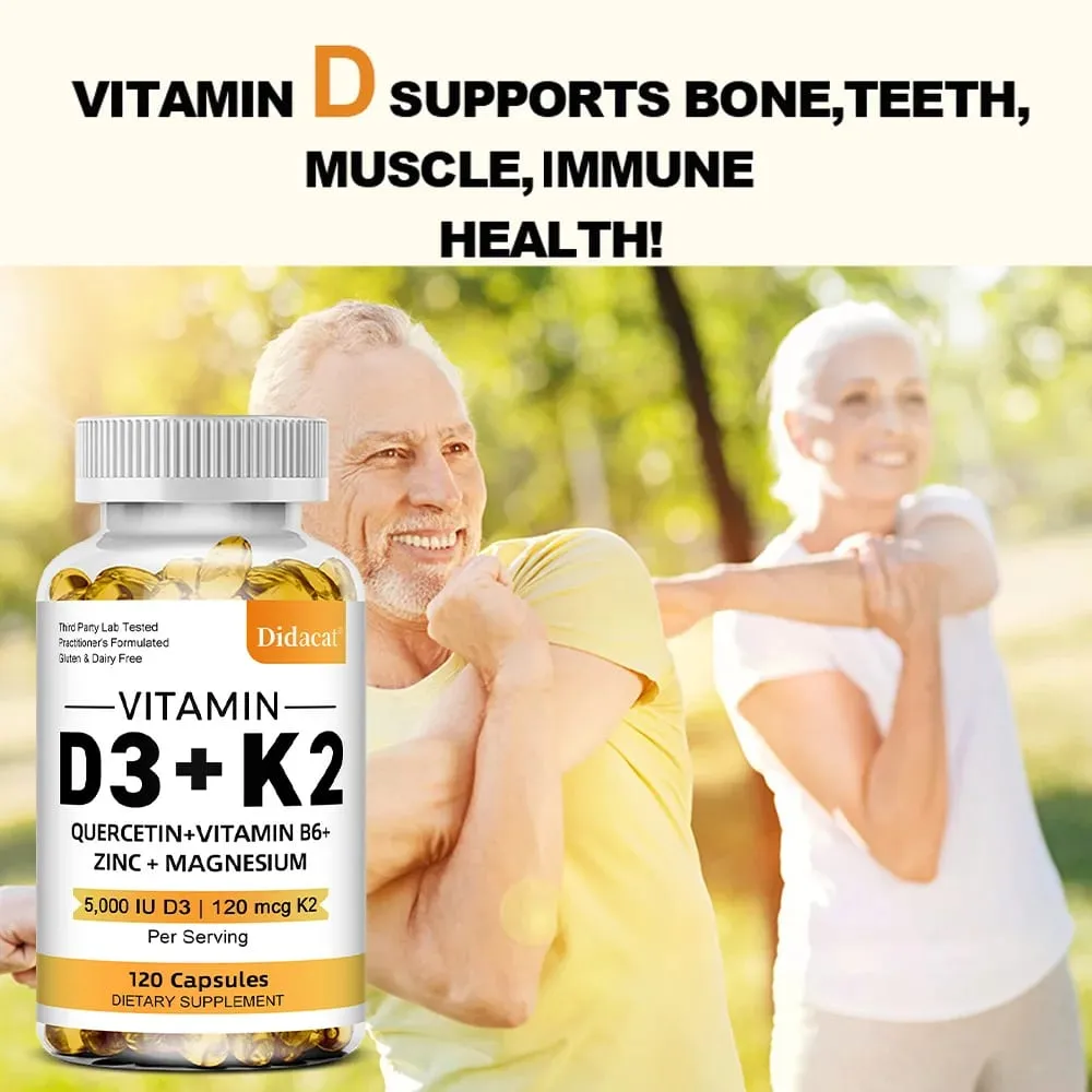 D3 + K2 Vitamin Dietary Supplement - Bone and Heart Health Support Help Regulate Calcium Metabolism - 120 Softgels