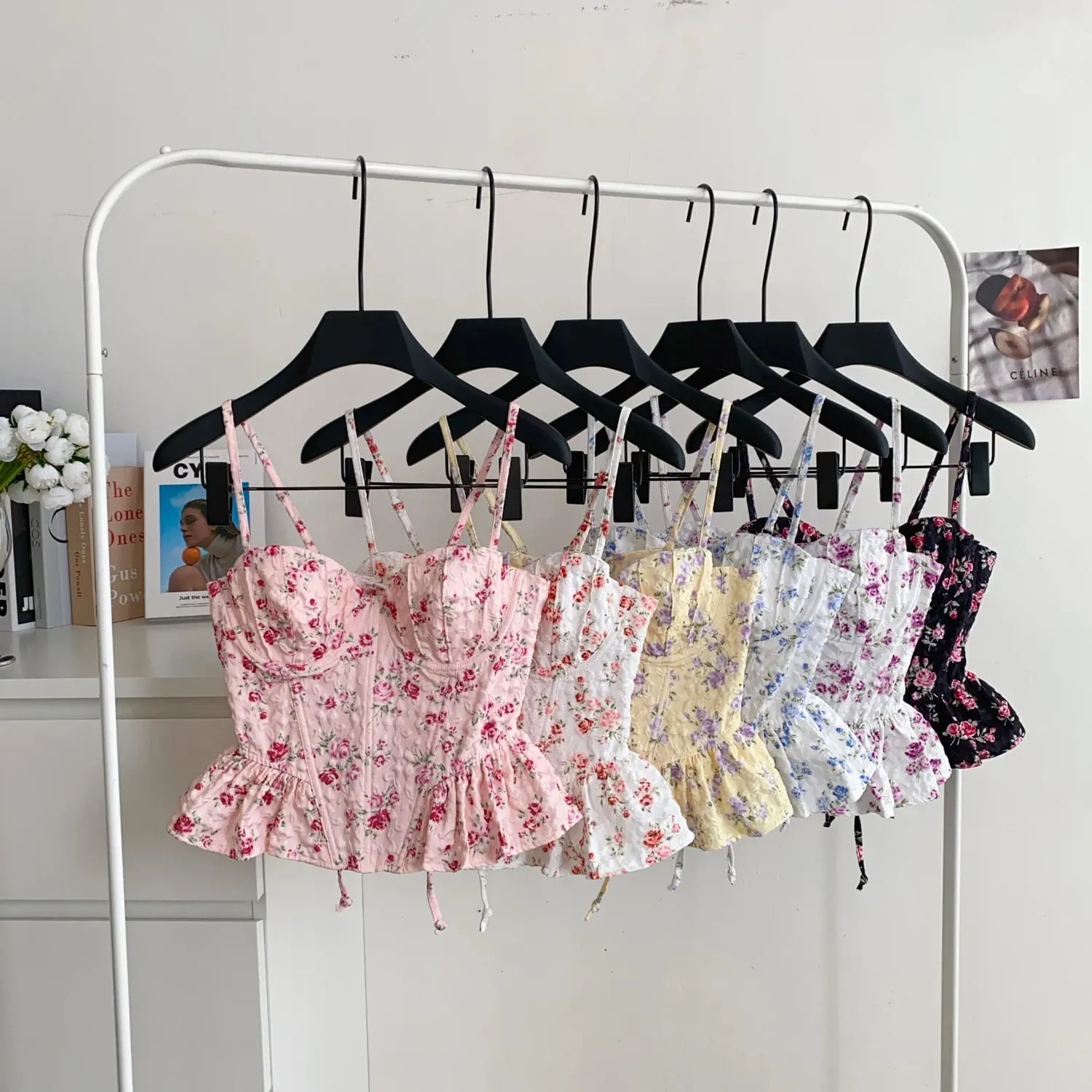 เซ็กซี่ Slim Corset ruffle พิมพ์เกาหลี Camis Tank Top Basic แฟชั่นปิดไหล่ฤดูร้อนเสื้อผ้าผู้หญิง