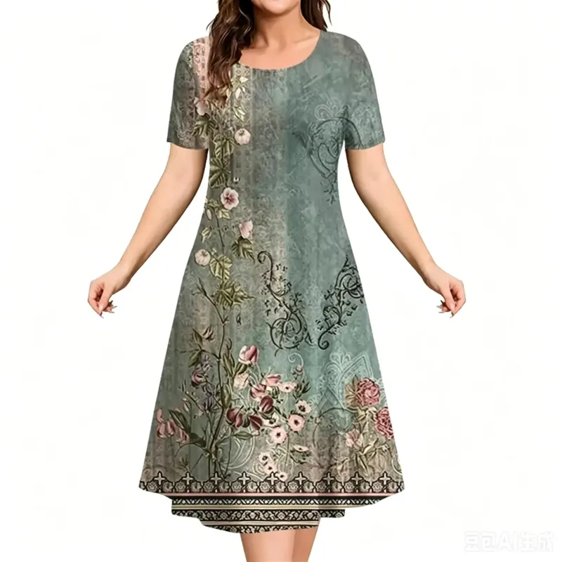 2026 New Women Dresses 3D Flowers Pattern Print Short Sleeve Loose Dress Casual Fashion A-Line Dress Summer Plus Size Dresses