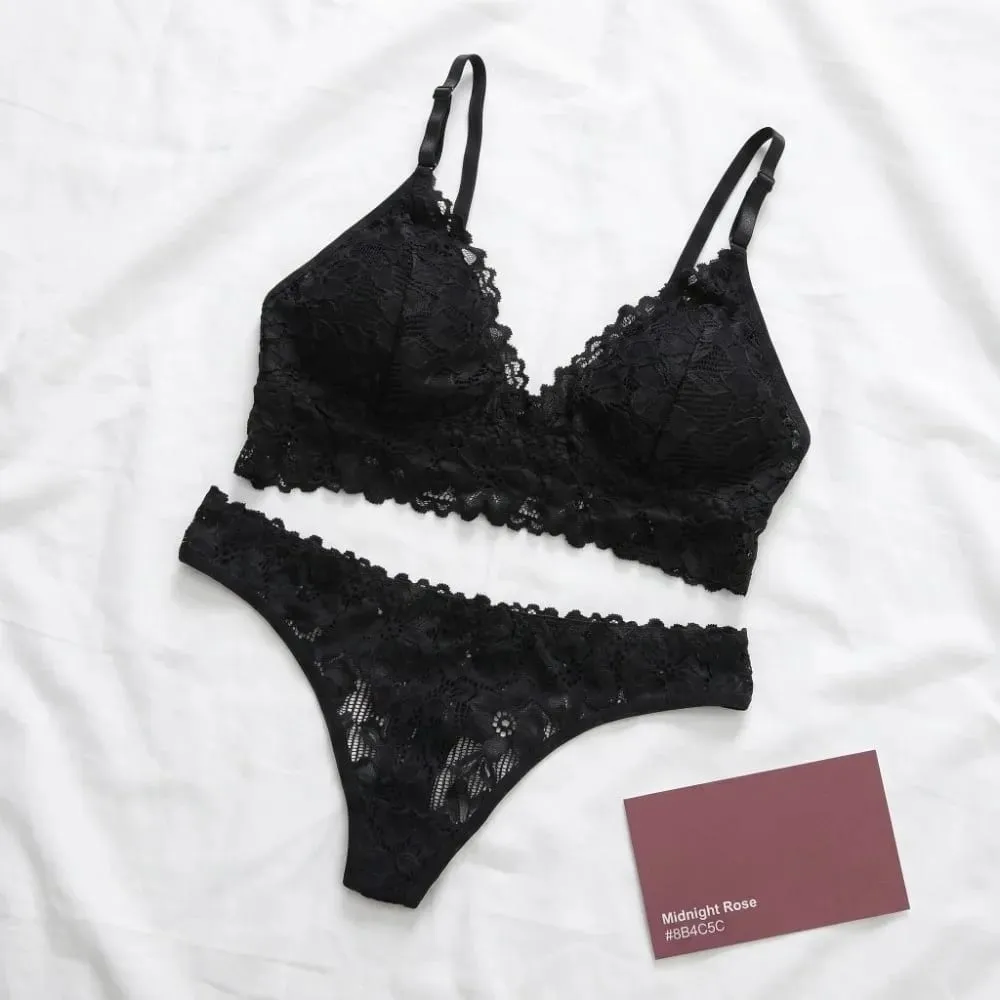 Sweet V Neck Lace Flower Bra Set Solid Color Thong Floral Panties Bra Kit Low Waist Lingerie Lace Underwear Romantic Night — image 3