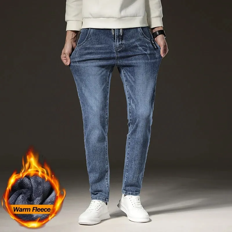 Warm Winter Jeans Men's Fleece Light Blue Slim Straight Denim Pants High Quality Thicken Velvet Elastic Comfort Casual Trousers