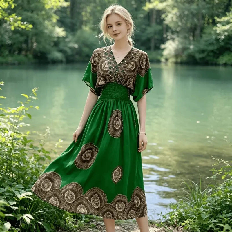Boho Holiday Women V-Neck Batswing Short Sleeve A-Line Midi Dresses Slim Elastic Waist Casual Vintage Office Lady Elegance Dress — image 6