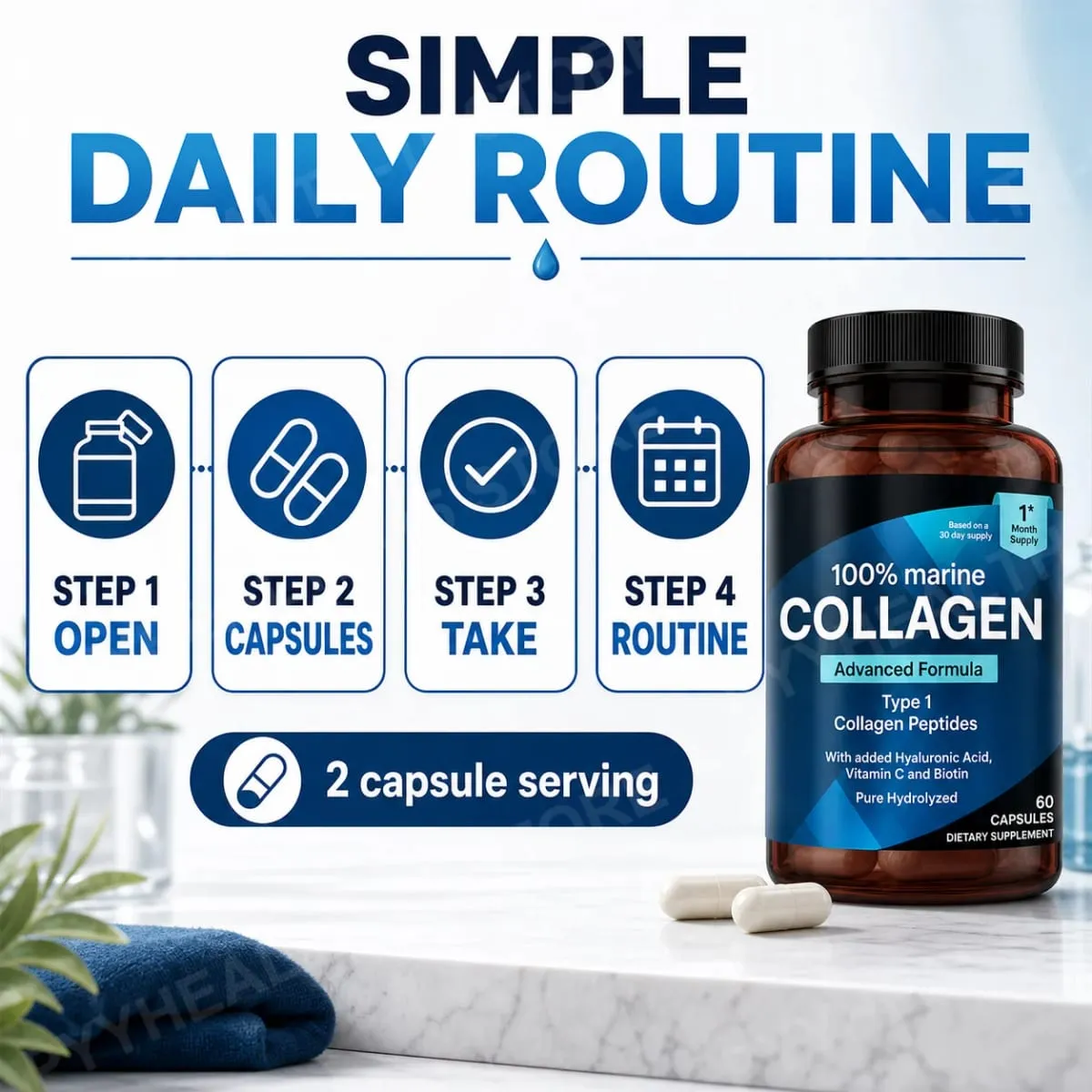 Marine Collagen Capsules for Women & Men Type I Peptides with Hyaluronic Acid Vitamin C & Biotin Beauty Glow Nails 60 Count