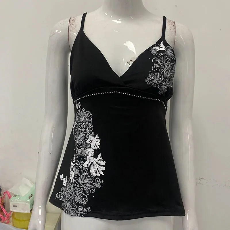 Aesthetic Flower Print Rhinestone Decorative Slim Camisole Summer V Neck Backless Fashion Street Vintage Harajuku Sleeveless Top