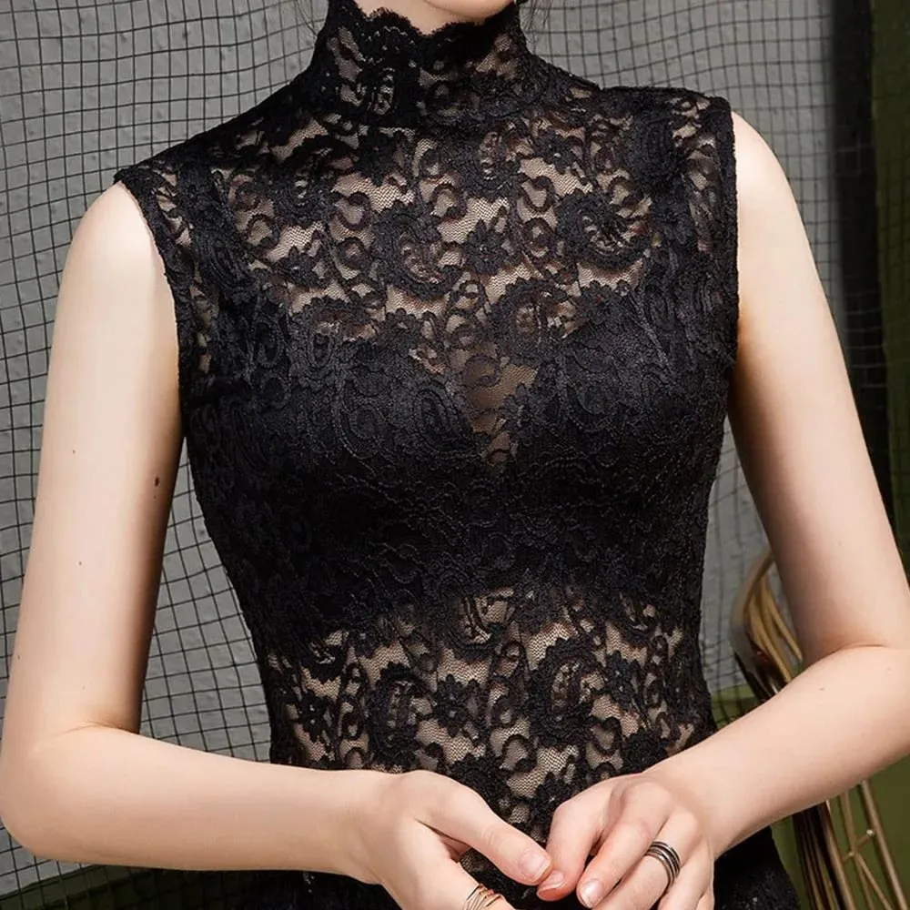 Elegant Half High Collar Floral Tank Tops Hollowed-out Black White T Shirt Sleeveless Vest Women Girls