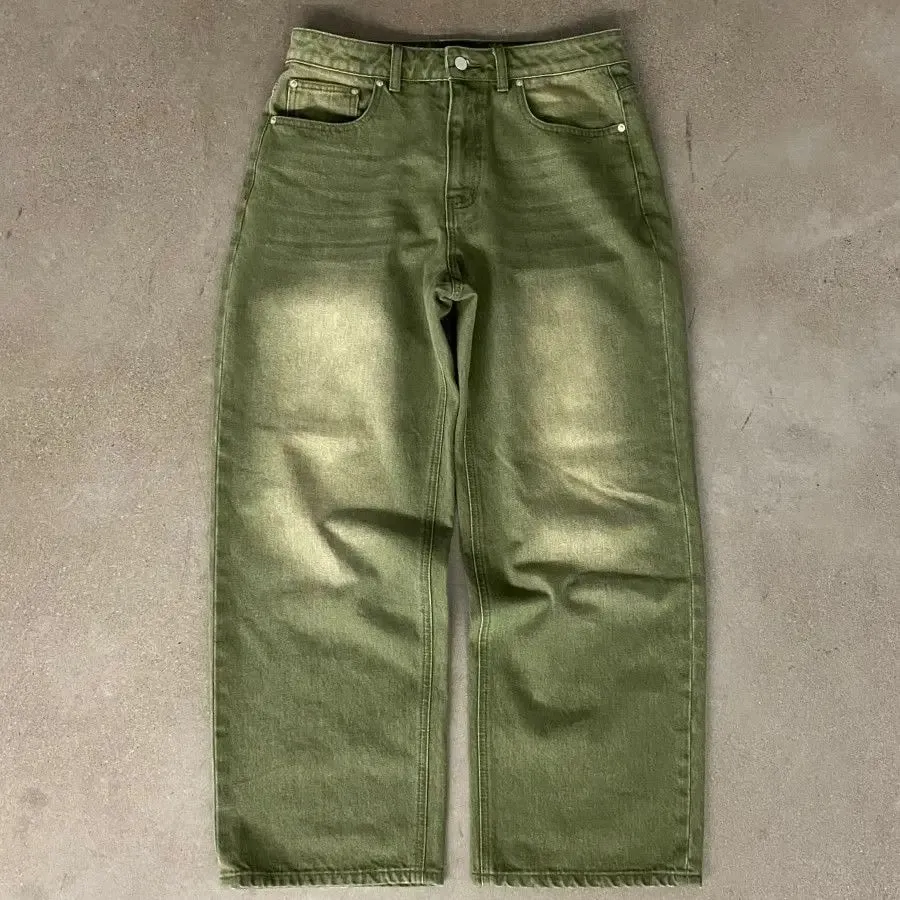 Mens Jeans Matcha Green Washed Gradient Denim Pants Harajuku Unisex Loose Fit Straight Leg Wide Leg Casual Streetwear Fashion