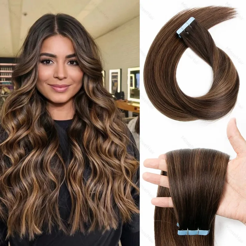 Brown Russian Tape in Hair Extension Real Human Hair Cuticle Aligned Premium Remy Adhesive Europen Tape Ins 14-22inch 20-60pcs