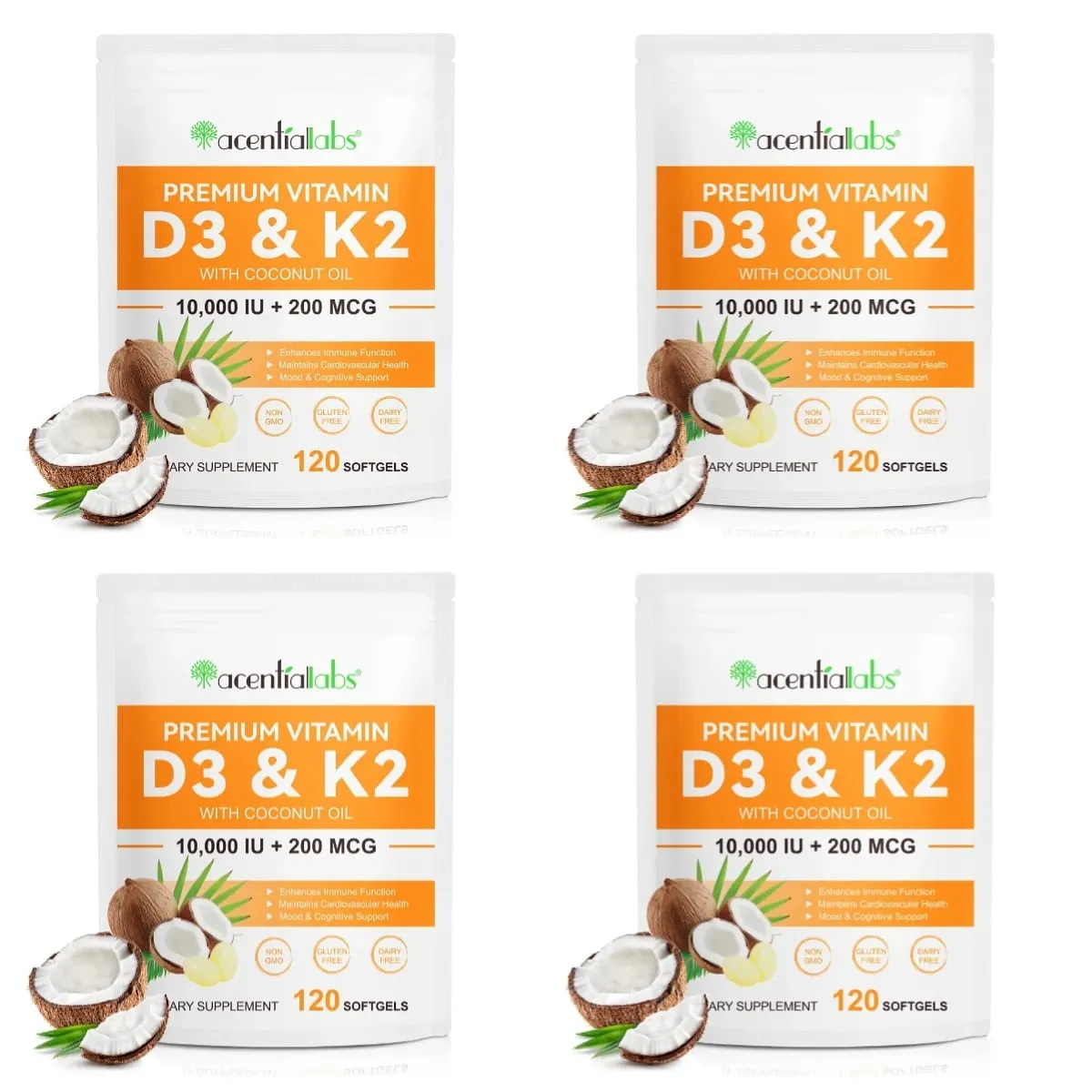 Acentiallabs Premium Vitamin D3 K2 Softgels Ergänzungen Kokosnussöl Vitamin D3 AK2 Weichkapseln zur Immununterstützung für Erwachsene