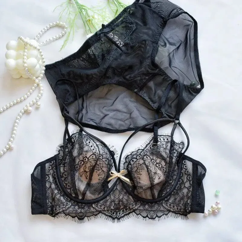 Korean Hot Trend Pure Desire Lace Bra Set Underwire Thin Cup Push Up Large Bust Visually Small Anti Droop Lingerie 32-38 Hot