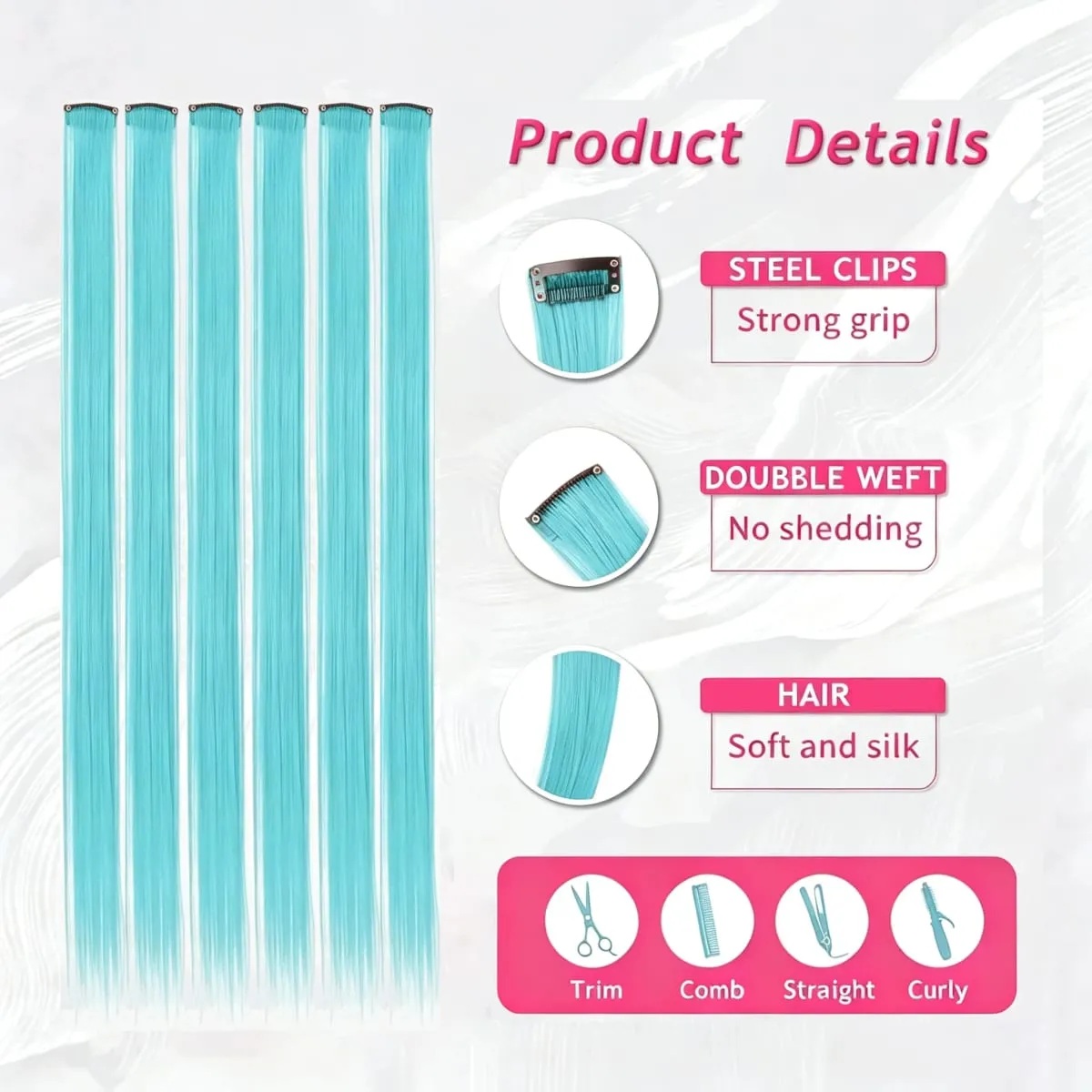 6 Pcs Synthetic Light Blue Clip In Hair Extensions Bright Cyan Synthetic Clip In Hair Extensions Straight Color Highlight Hair — image 5