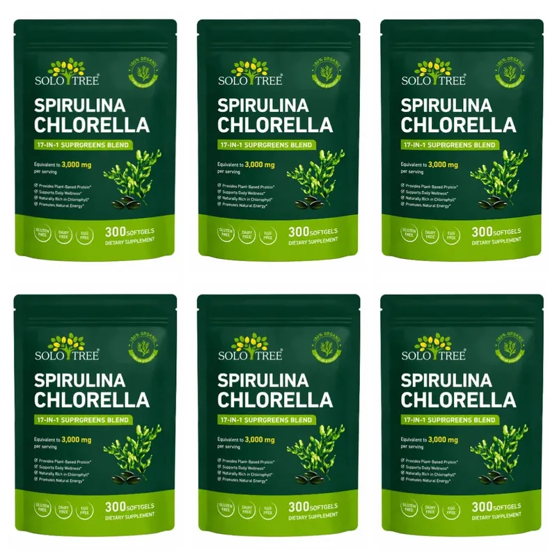 Gel Lembut Spirulina Chlorella Pokok Solo dengan Mikroalga Organik Vitamin B6 B12 Imbangan Penghadaman & Sokongan Imun 300 Gel Lembut