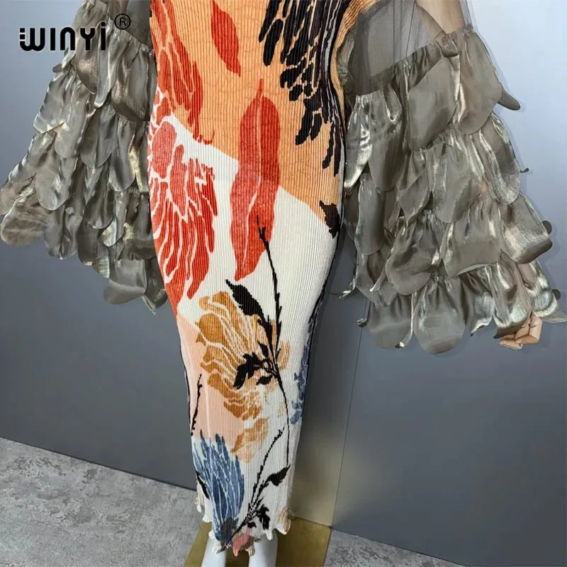 Elastic Slim Pleated Dress Beach Cover Up Boho Kaftan Abaya Dubai Luxury Party Dress Long Down Muslim Woman Evening Dress — image 3