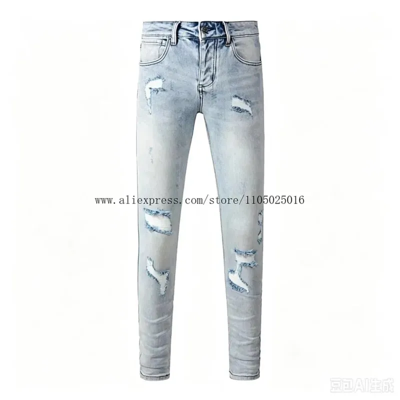 Luxury Streetwear Men's Jeans Americans Style Holes Long Trousers Quality Male Stretch Slim Pants Skinny Trousers — image 3