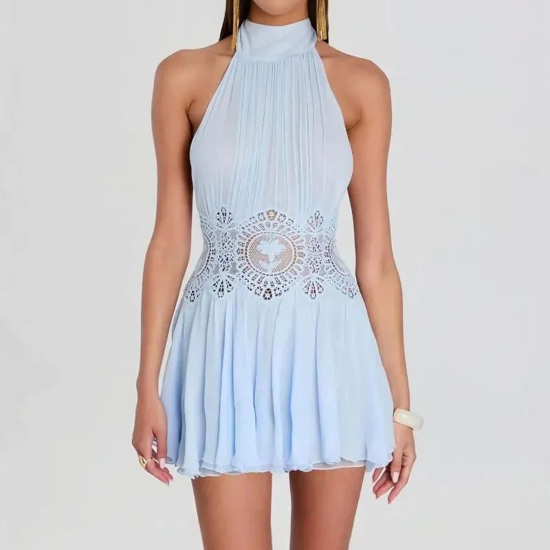 Sexy Women's Pleated Patchwork Mini Dress Halter Hollow Backless Ribbon Blue A-line Dresses 2026 Summer Beach Vacation Vestidos