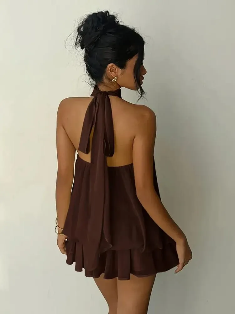 Women Halter Neck Backless Tie Mini Dress Summer Sleeveless Chiffon Ruffle Short Dresses Sexy Club Party Beach Vacation Outfit — image 2