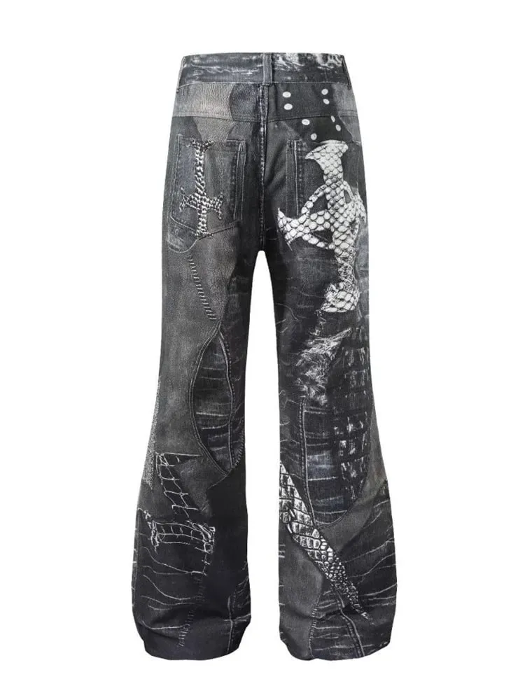 Men's Gothic Crocodile Snake Print Wide Leg Jeans Vintage Washed Denim Pants Streetwear Fashion Loose Straight Fit Trousers — image 5