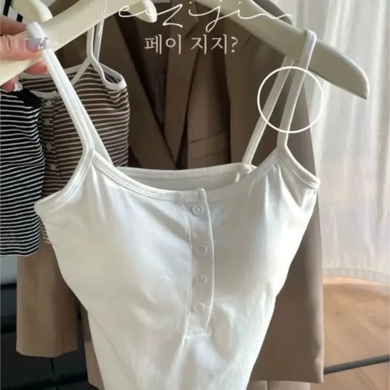 Integrated Stripe Women's Vest Inner Wear Outer Wear Button Fixed Cup No Bra Sports Top Short Style Cotton 100% Short Vest