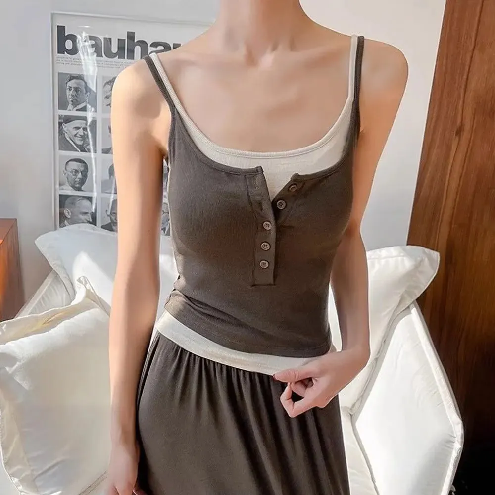 Casual Layered Fake Two-Piece Tank Top Y2K Ribbed Knit Button Cami Slim Fit Sleeveless Vest Top With Chest Pad For Daily Wear — image 5
