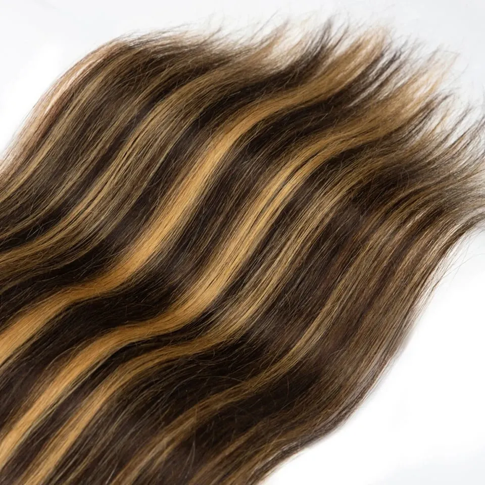 7PCS Double Weft Balayage Clip in Human Hair Extensions Light Brown to Bleach Blonde Ombre Remy Natural Straight Seamless for Wo
