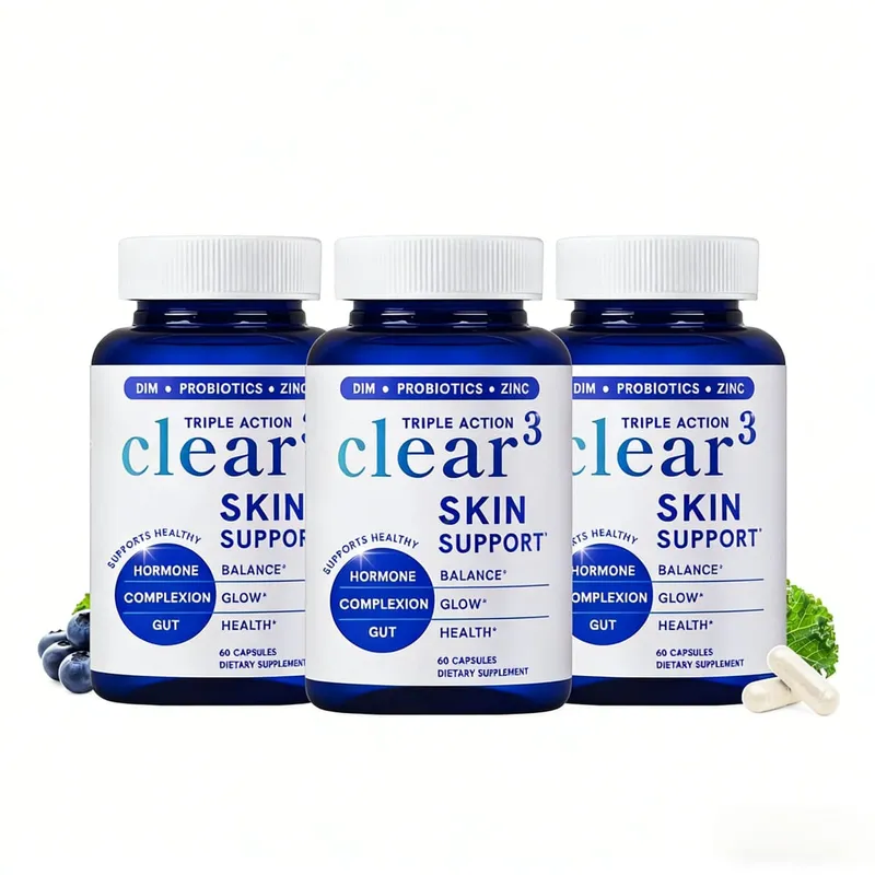 Clear³ Integratore di supporto per la pelle con probiotici DIM e zinco – Supporto nutrizionale per la salute della pelle e dell'intestino 60 capsule