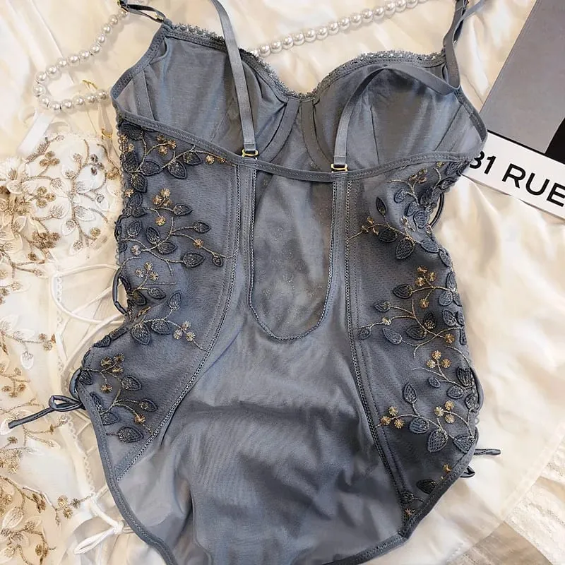 Three-dimensional embroidery flower petals lingerie soft steel ring one-piece bra set sexy strap open file shaping underwear — image 2