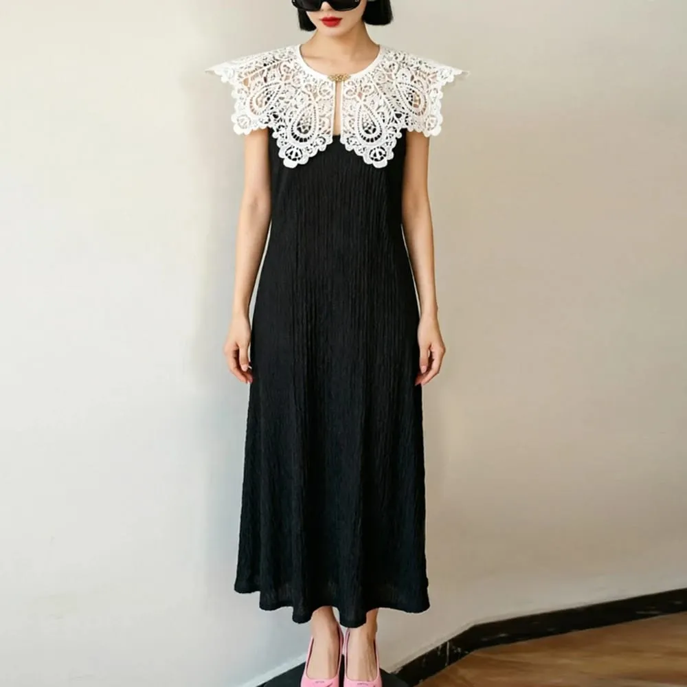 Pleated Sleeveless Elastic Long Dresses Women Vintage Palace Style Womens Black White Doll Fake Collar Soft Midi Dress Clothing — image 6