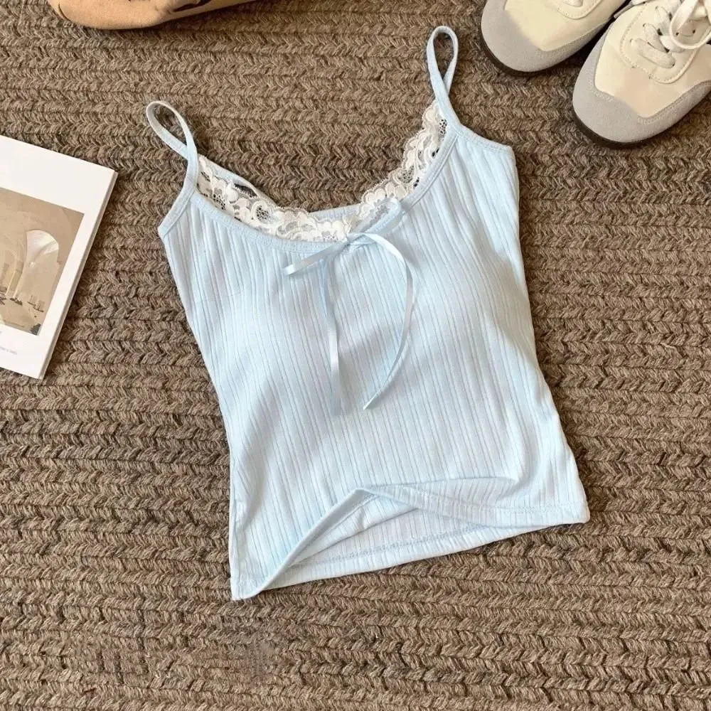 เอว cinching แขนกุด Slim Lace Crop Top Y2k สีทึบ Camisole พร้อมแผ่น Bottoming เสื้อ Sweet Lace Patchwork Vest Lady