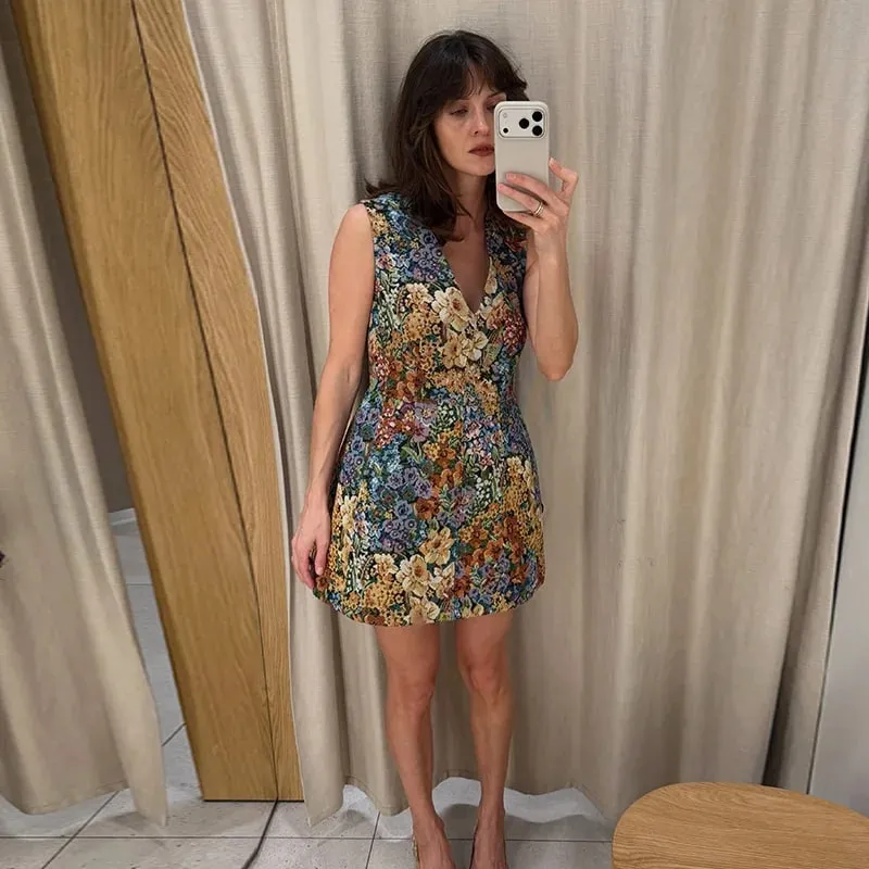 Floral Print Cami Corset Top Thin Straps U Neck Structured Waist Pointed Hem Vintage 2026 Spring Summer Vacation Lady Chic Top