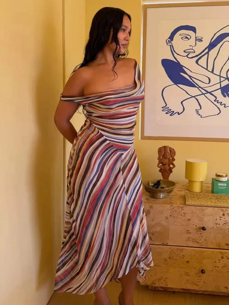 2026 Summer Colorful Stripe Long Dresses for Women Chic Sleeveless Female Midi Dress Fashion New Lady Vacation Beach Vestidos
