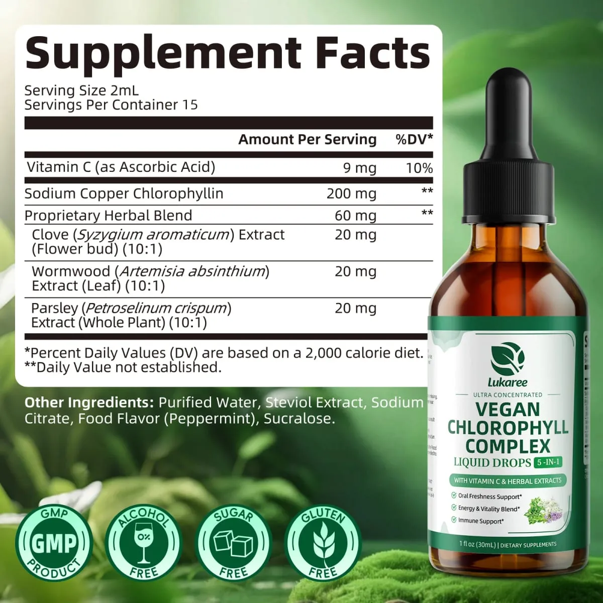 Lukaree 30ML Chlorophyll Liquid Drops Supports Natural Cleansing & Immune Internal Deodorant Skin & Gut Health Vegan Sugar-Free — image 3