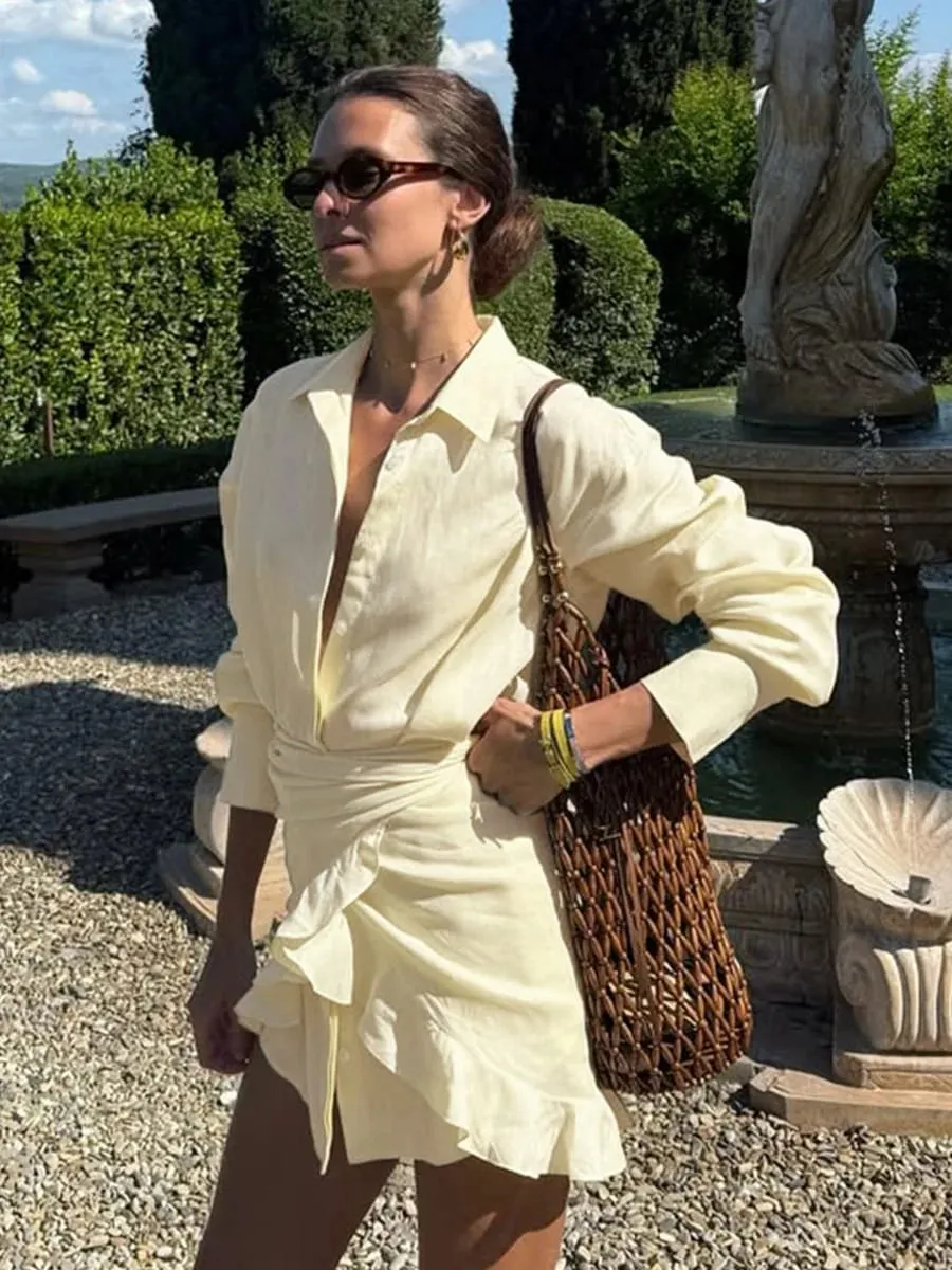 Bornladies 2026 Summer Women's Resort Lazy Style Shirt Dress Solid Color Tie Front Collared Bodycon Summer Dress