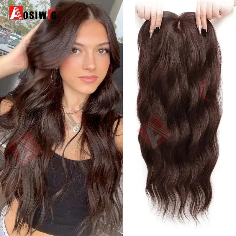 22 Inch Long Wavy Synthetic Hair Topper For Women Clip In Hairpiece Crown Hair Extension With Base Cover Thinning Hair Add Volum — image 8