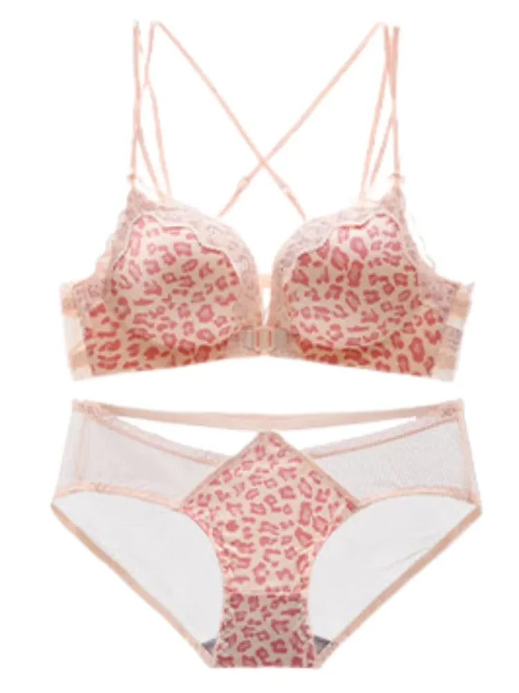 Best Selling Leopard Print Front Closure Push Up Bra Set Sexy Back Design Small Bust Enhancing Women Lingerie
